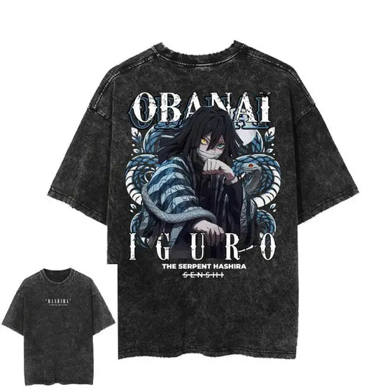Anime Demon Slayer T Shirt Iguro Obanai Tshirt Men Women Clothes Vintage Washed Streetwear Short Sleeve Cotton Loose