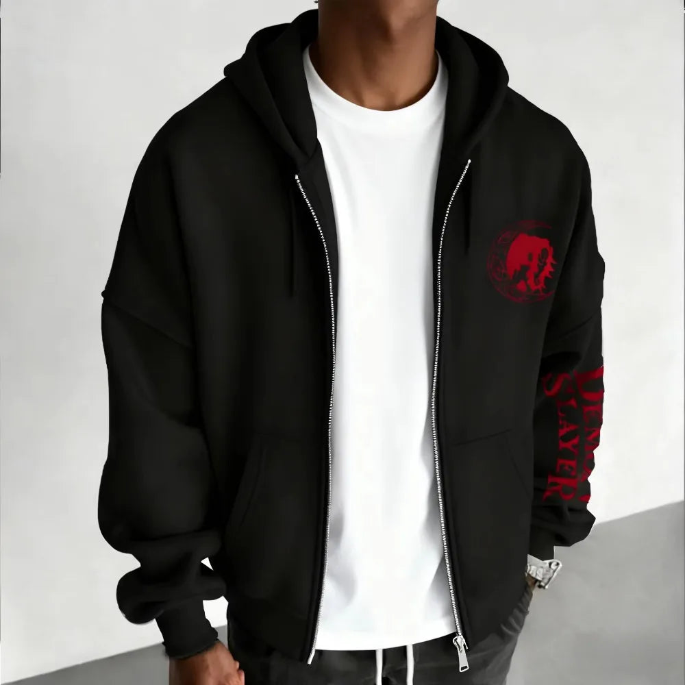 Men's New Demon Slayer Anime Co Branded Zipper Hoodie Men's and Women's Autumn/Winter New Kokushibo Printed Loose Sports Sweater