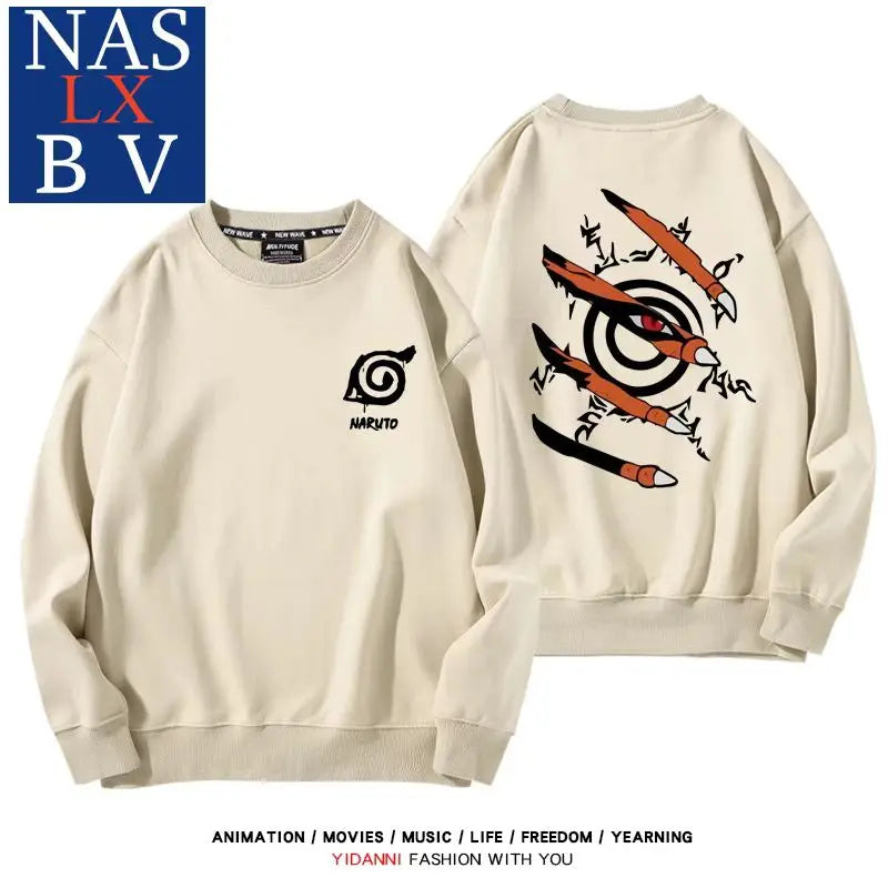 Naruto Naruto Sasuke Konoha Uchiha round neck hoodie for male and female students, loose long sleeved clothes for teenagers