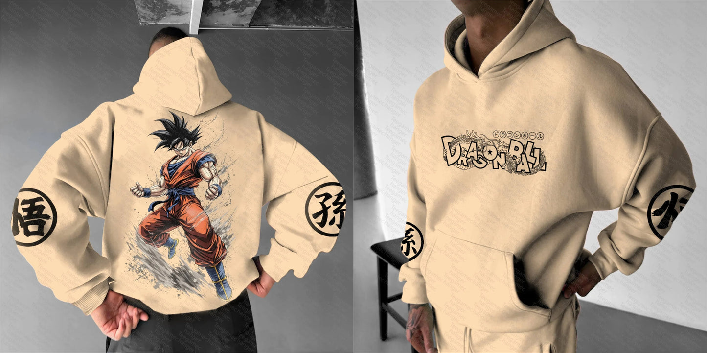 DRAGON BALL Goku Khaki Hoodie Men Women Anime Character Print Pullover with Japanese Kanji Sleeve Design and Chest Logo Casual
